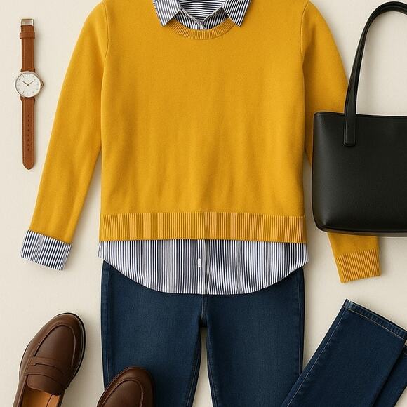 Crown & Ivy Yellow Layered Sweater with Striped Shirt Detail XL - Picture 1 of 10